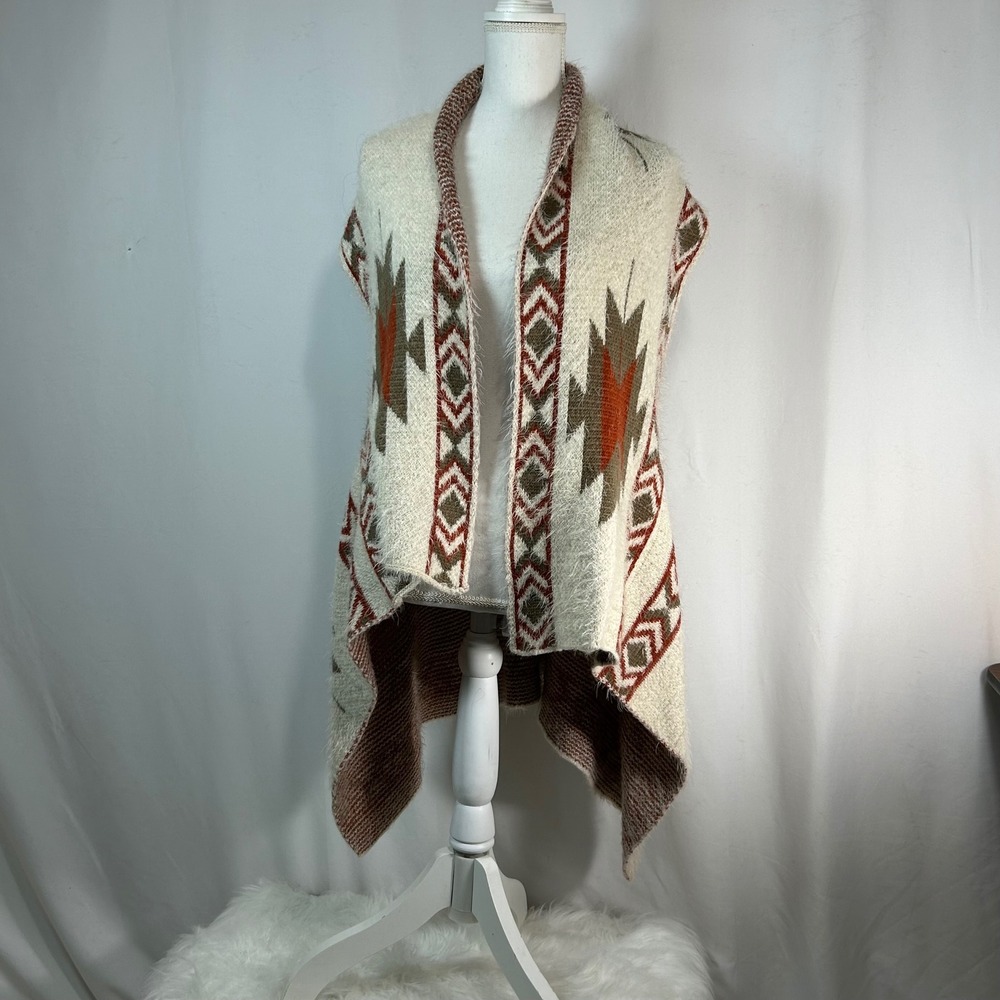 Womens Aztec Geometric Open Front Sleeveless Cardigan Vest Cream Brown Green